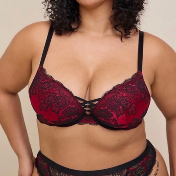 ๐ XO Plunge Push Up Two Tone Lace Straight Back Bra 42DD 42E NWT Torrid New! - Picture 2 of 5